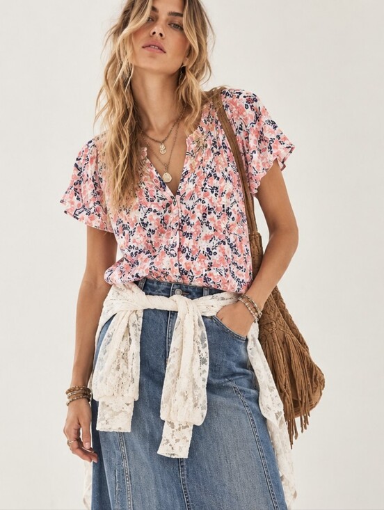 Knox Rose Tops - Knox Rose Top Pink Navy floral button down top Short Sleeve NWT